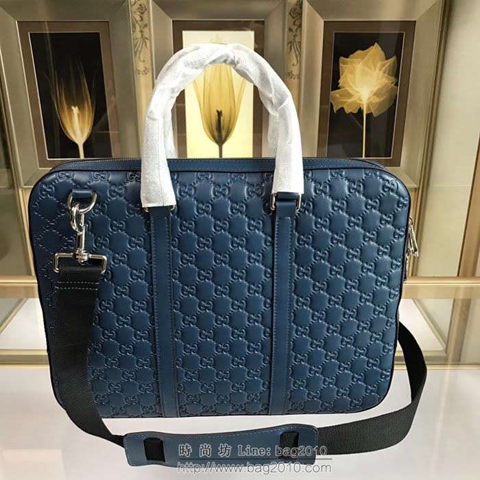 GUCCI 古馳男包 新款 451169 藍色 牛皮壓花 男士公事包 Gucci男手提包